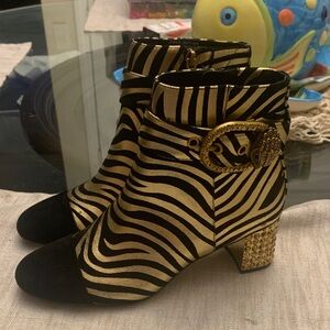 Kurt Geiger Zebra Print Ankle Boots with Gold Accents  NWOT